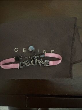 Celine Pink Satin Ribbon Bracelet with Crystal Logo